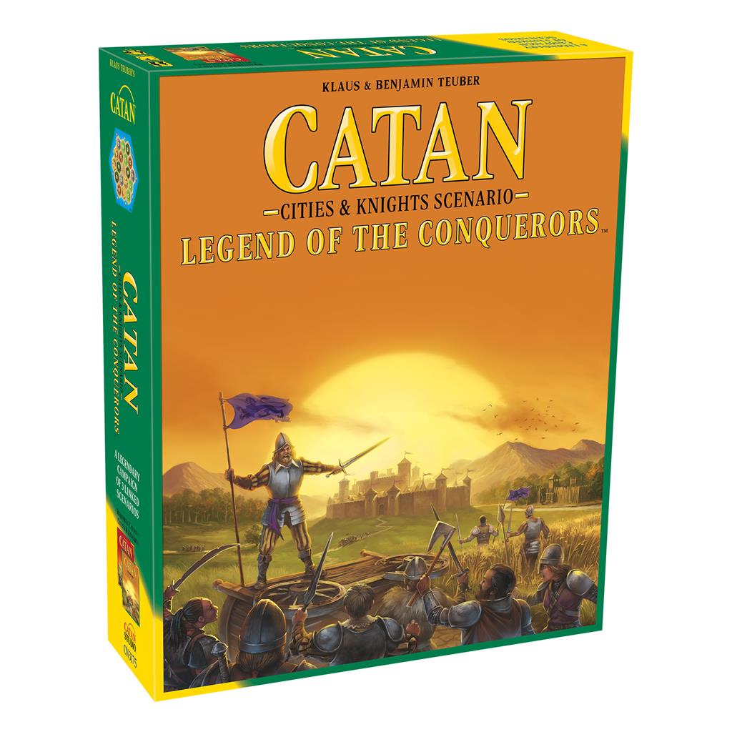 Catan - Legend of the Conquerors board game box featuring a knight and soldiers in front of a castle.
