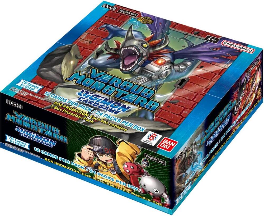 Digimon TCG Versus Monster Extra Booster EX09 box featuring vibrant artwork and branding, containing 12 card packs.