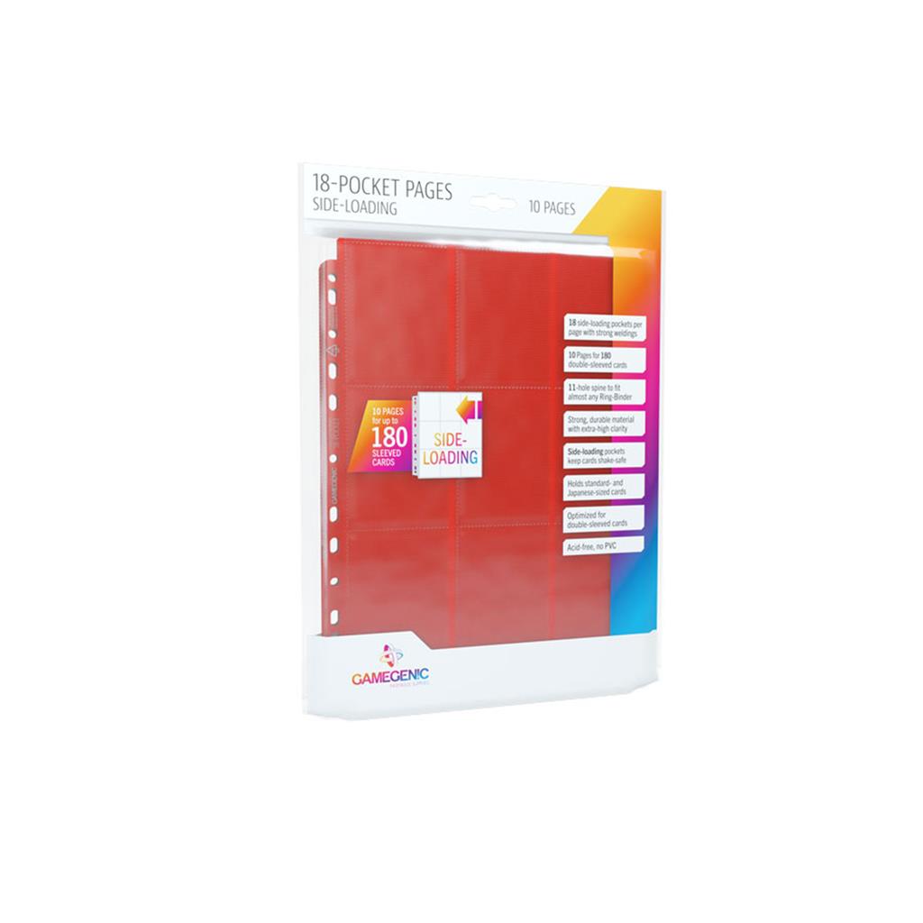 Gamegenic Sideloading 18-Pocket Pages in red, pack of 10, designed for storing trading cards securely and efficiently.