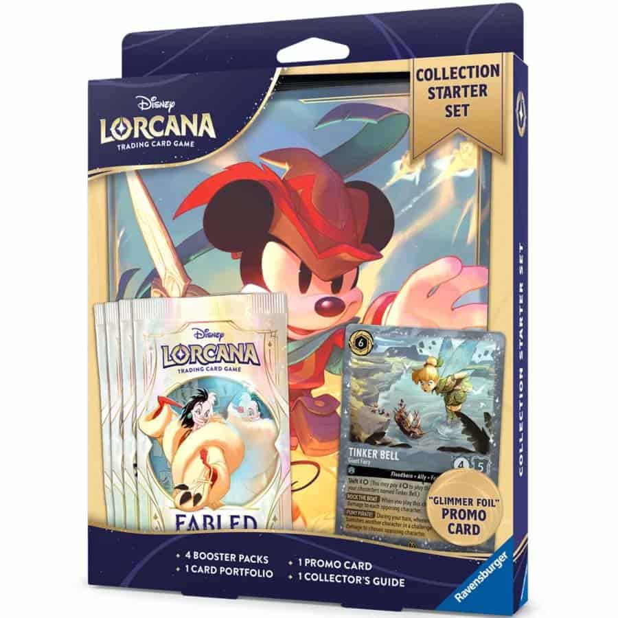 Disney Lorcana Fabled Collection Starter Set includes four booster packs, a card portfolio, a promo card, and a collector's guide.