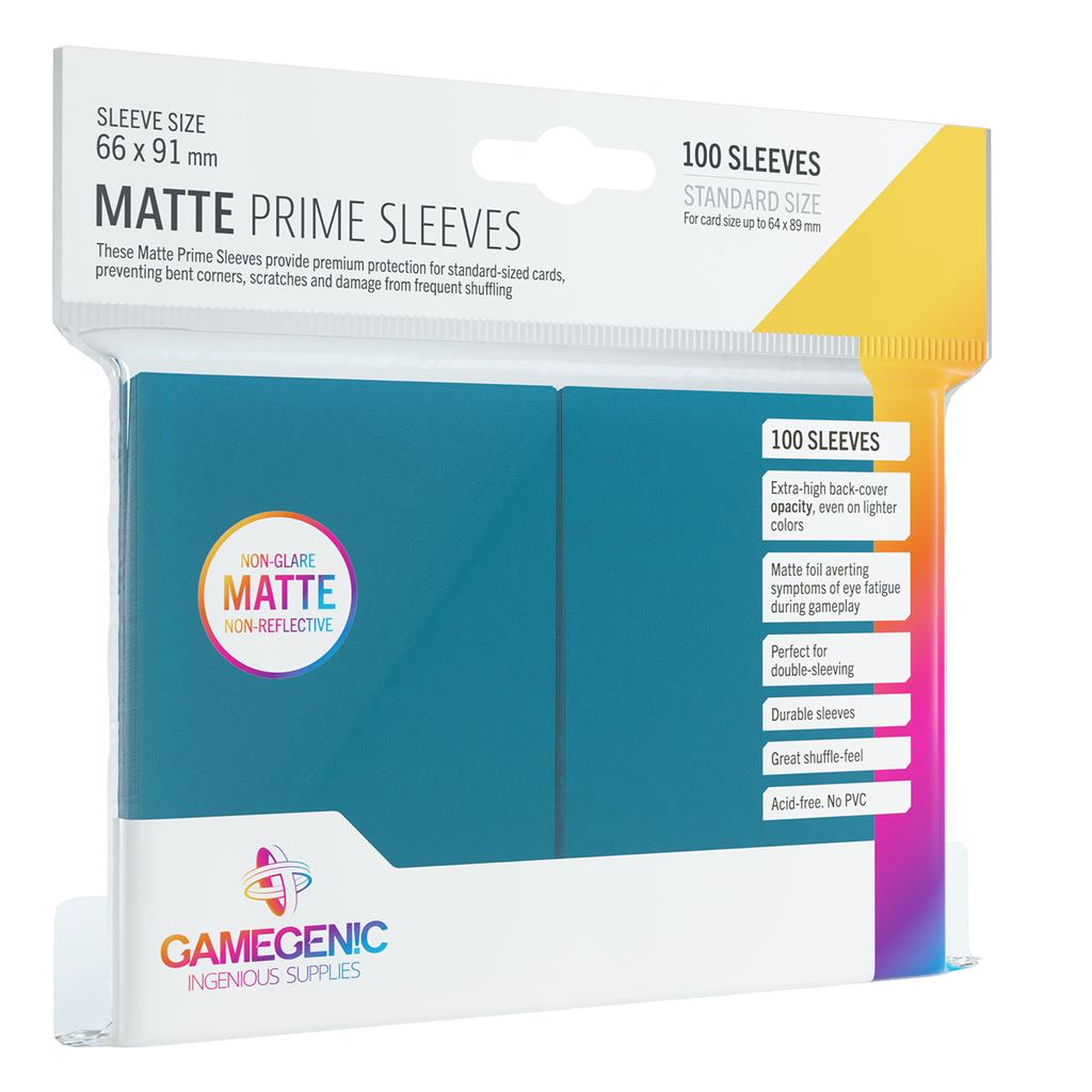 Gamegenic Matte Prime Sleeves in blue, 100 count, designed for standard-sized cards, offering non-glare protection.