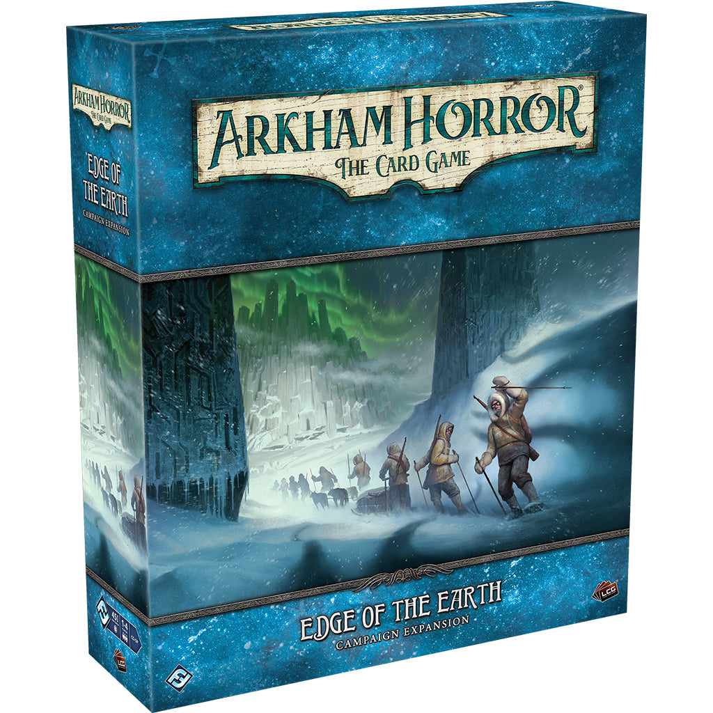 Arkham Horror LCG Edge of the Earth Campaign Expansion box featuring explorers in a snowy landscape with mysterious structures.