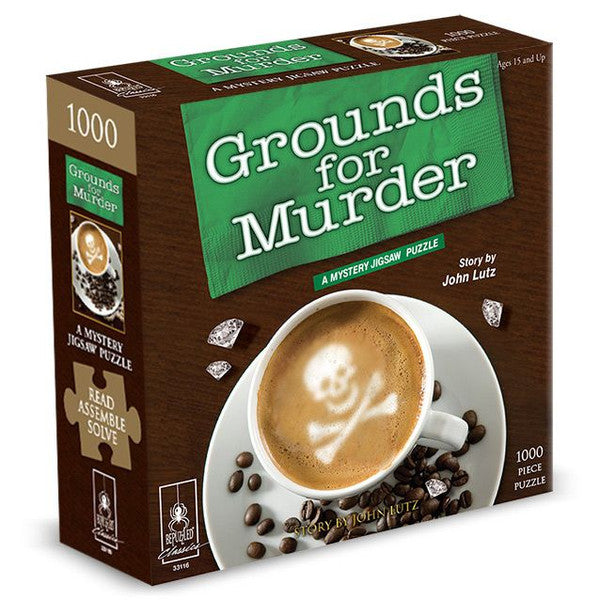 BePuzzled Grounds for Murder 1000-piece puzzle box featuring a coffee cup with a skull design and mystery theme.