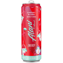 Alani Nu Cherry Slush energy drink can, featuring a vibrant red design with cherry graphics and a slush cup illustration.