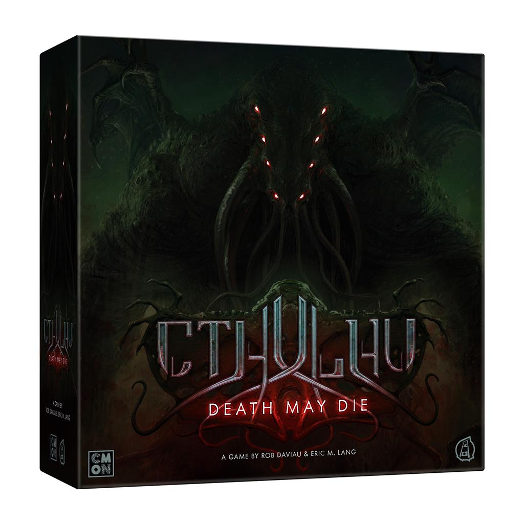 Cthulhu: Death May Die board game box featuring dark artwork of Cthulhu with glowing eyes and intricate design elements.