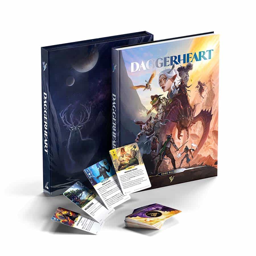Daggerheart RPG Core Set featuring a rulebook, character cards, and a beautifully illustrated box. Ideal for tabletop gaming.