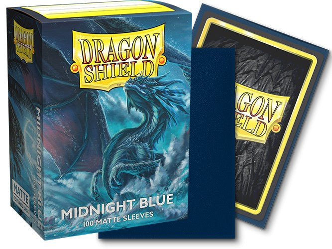 Dragon Shield Matte Sleeves in Midnight Blue, 100-count pack, featuring a dragon design on the box and smooth matte finish.