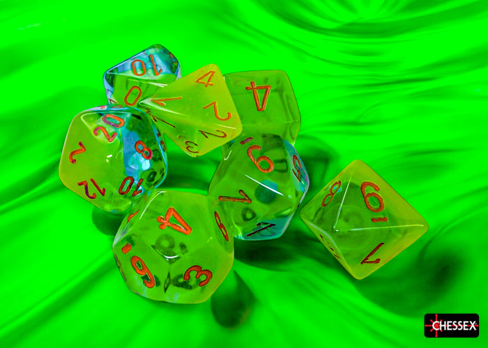 Chessex Gemini Plasma Green-Teal and Orange Luminary polyhedral 7-dice set displayed on a vibrant green background.