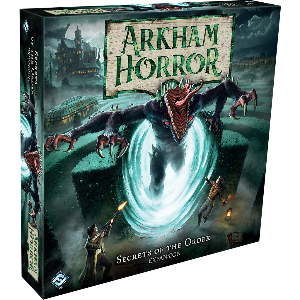 Arkham Horror: Secrets of the Order board game expansion box featuring a monstrous creature and investigators in a dark setting.