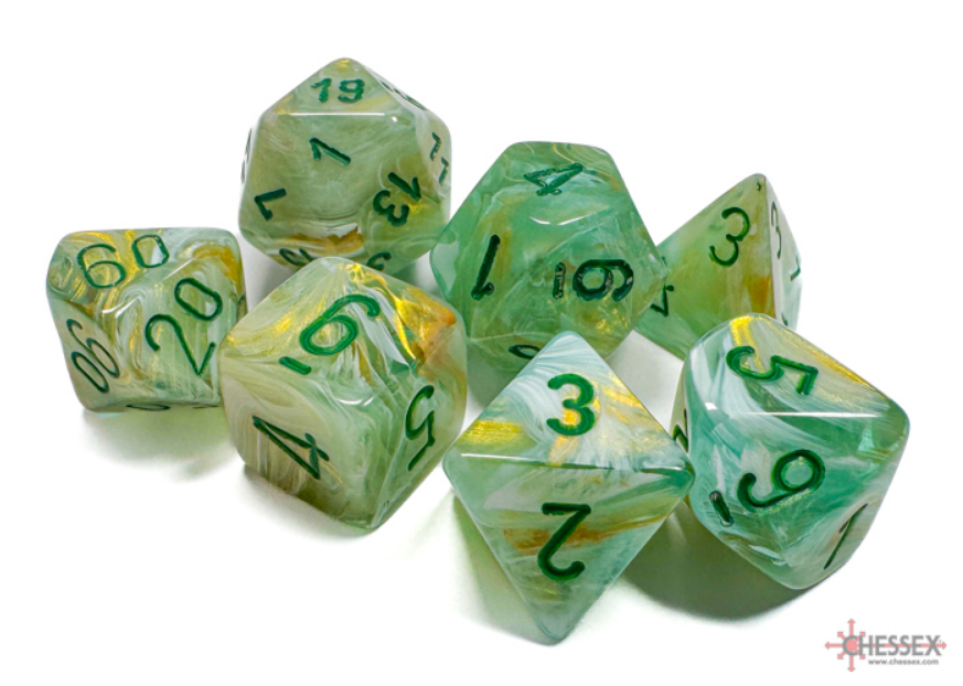 Marble green and dark green 7 die set by Chessex featuring swirling patterns and gold numbering for tabletop games.