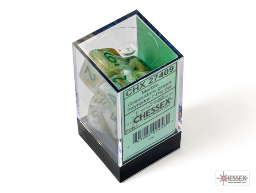 Chessex Marble Green and Dark Green 7 Die Set in a clear display box, featuring gold numbers on the dice.