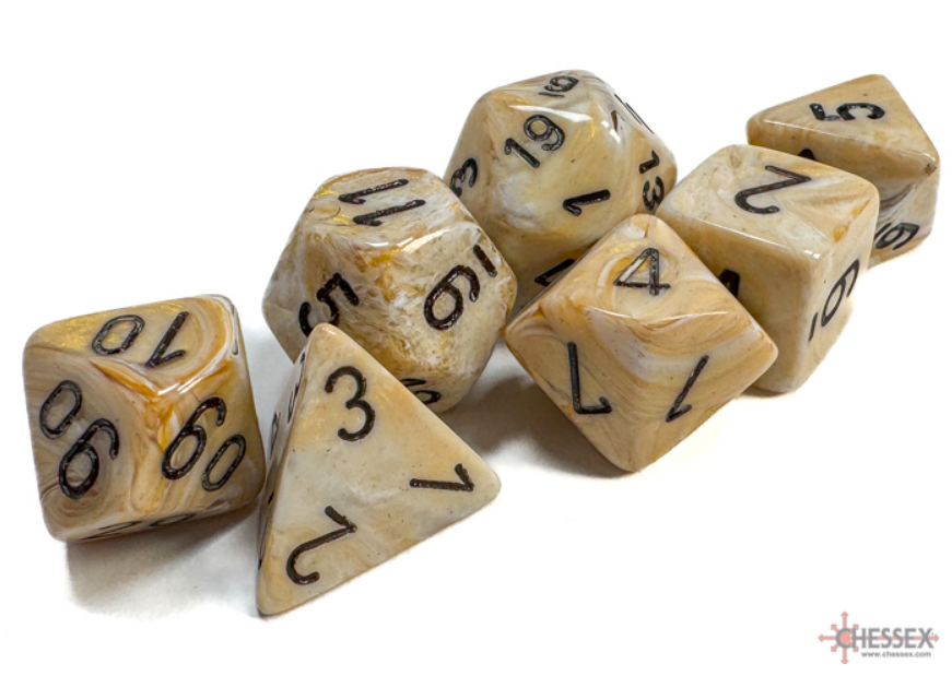 Chessex Marble Ivory and Black 7-die set featuring various polyhedral dice with black numbers on a marbled ivory background.