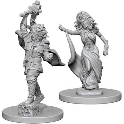 Unpainted Dungeons & Dragons miniatures featuring a warrior with a sword and a Medusa in flowing robes, ready for tabletop gaming.