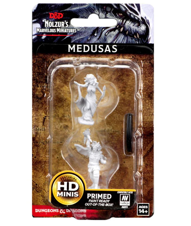 Unpainted Nolzur's Marvelous Miniatures Medusas for Dungeons & Dragons, featuring two detailed figures in a blister pack.