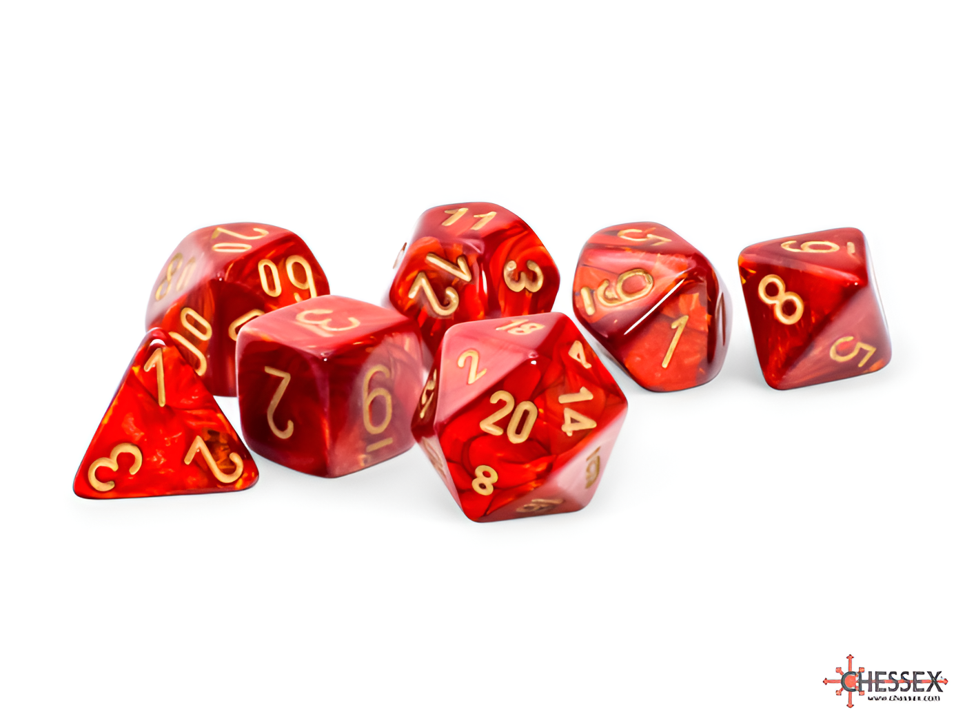 Chessex Scarab Mega-hedral dice set in scarlet with gold numbering, featuring seven polyhedral dice for tabletop gaming.