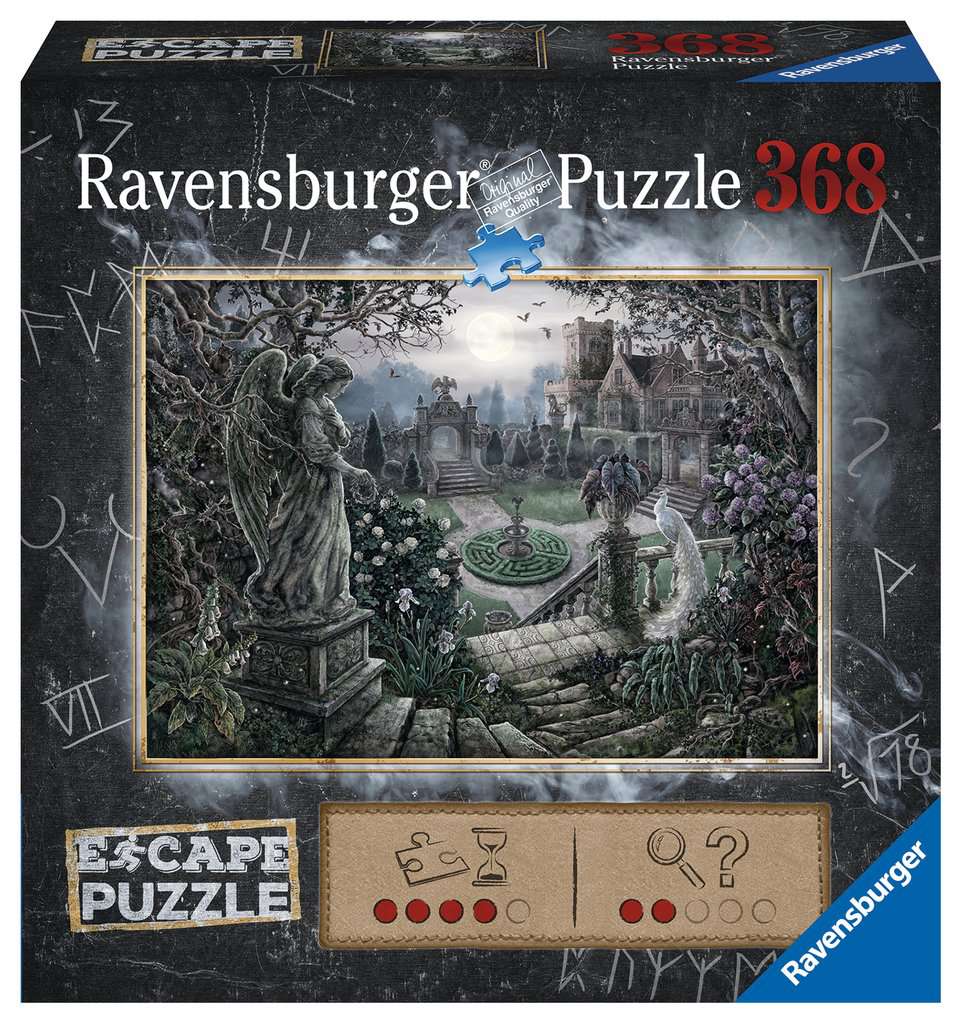 368-piece Ravensburger escape puzzle featuring a mysterious garden scene with a statue, mansion, and moonlit sky.