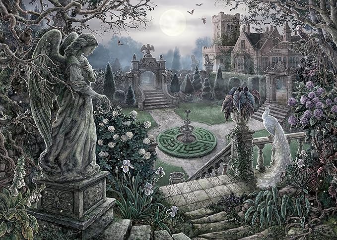 A detailed illustration of a moonlit garden featuring a statue, peacock, and an ornate fountain surrounded by lush greenery.