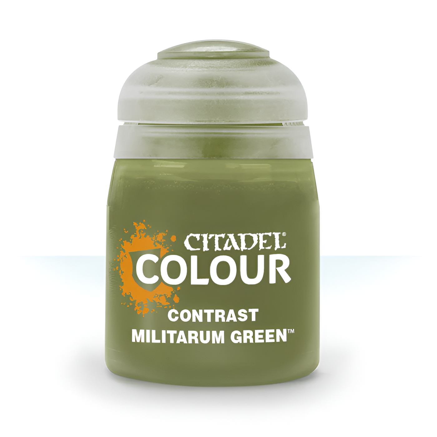 Citadel Contrast Militarum Green paint in an 18ml container, ideal for miniature painting and detailing.