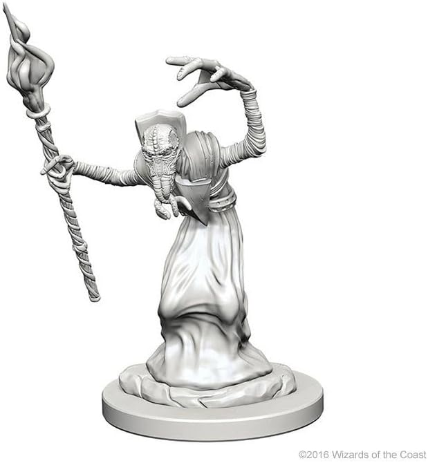 Unpainted Dungeons & Dragons Mindflayer miniature, featuring a creature with tentacle-like face and staff, ready for customization.