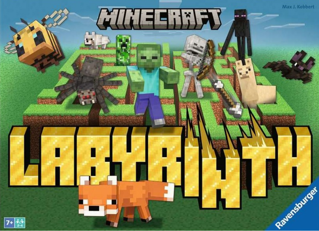 Labyrinth: Minecraft board game cover featuring Minecraft characters like zombies, spiders, and foxes in a maze layout.