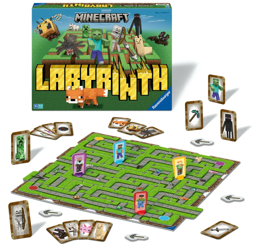 Labyrinth: Minecraft board game with a colorful game board, character cards, and game pieces featuring Minecraft themes.