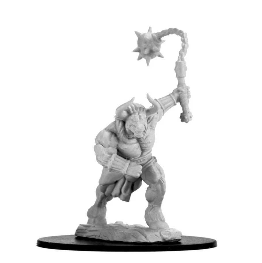 Unpainted Dungeons & Dragons minotaur miniature wielding a spiked mace, ready for tabletop gaming adventures.