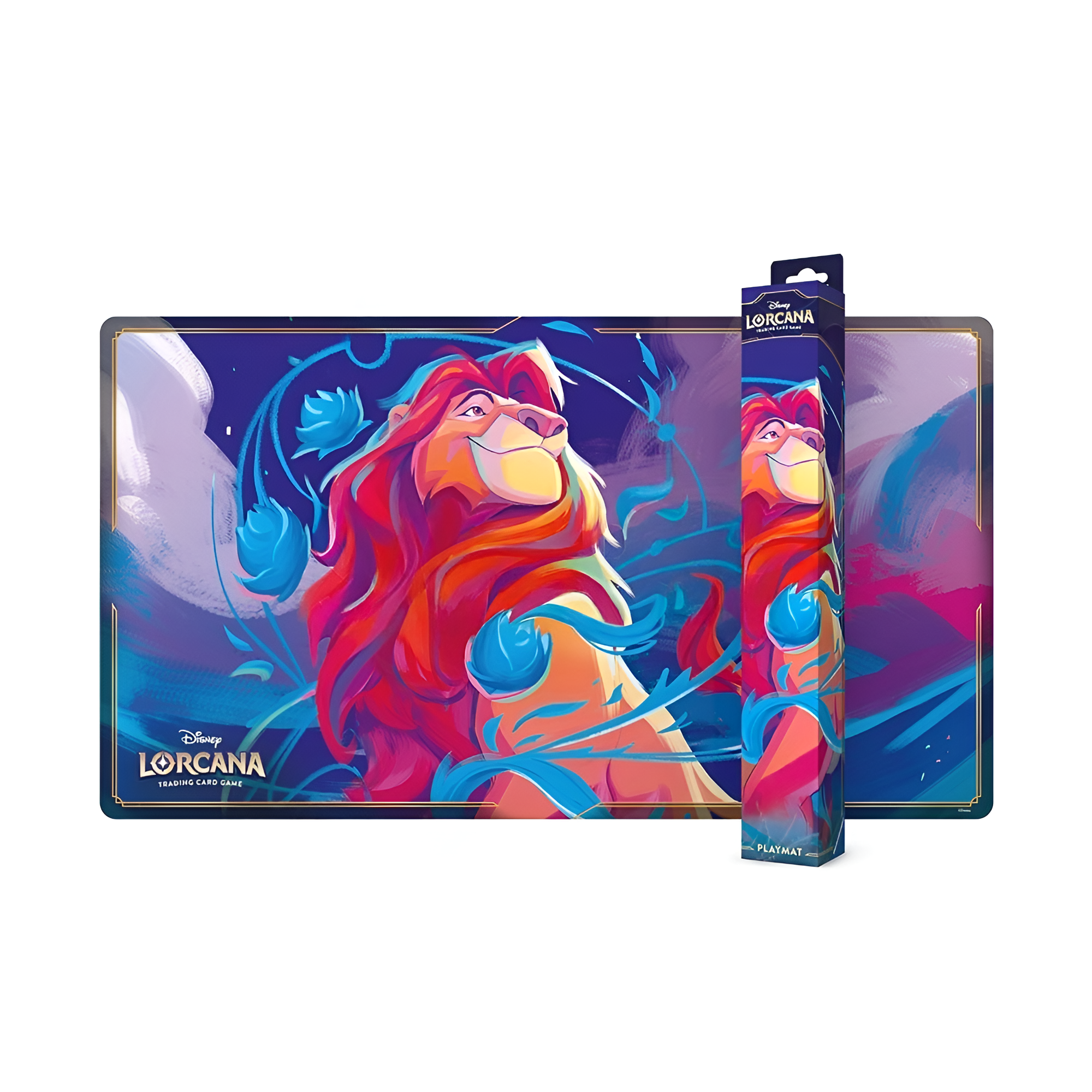 Disney Lorcana Fabled playmat featuring Mufasa, showcasing vibrant colors and dynamic artwork, ideal for gaming enthusiasts.