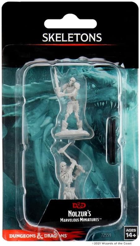 Unpainted miniatures of two skeletons from Dungeons & Dragons Nolzur's Marvelous Miniatures set, packaged with artwork.