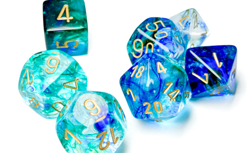 Chessex Nebula Oceanic Gold Luminary 7 Die Set featuring vibrant blue and green swirls with gold numbering.