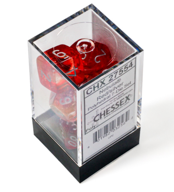 Chessex Nebula Red Silver Luminary 7 Die Set in a clear display box, showcasing vibrant red dice with silver numbering.