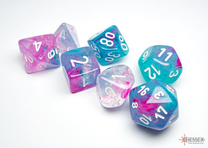 Chessex Nebula Wisteria White Luminary 7 die set featuring vibrant pink, blue, and white marbled dice with clear numbering.