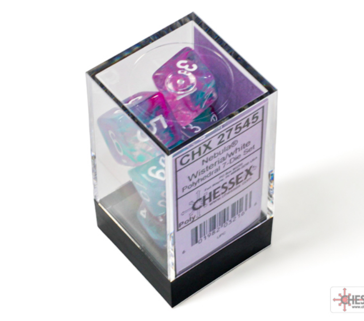 Chessex Nebula Wisteria White Luminary 7 Die Set in a clear display box, featuring vibrant purple and teal dice with white numbers.
