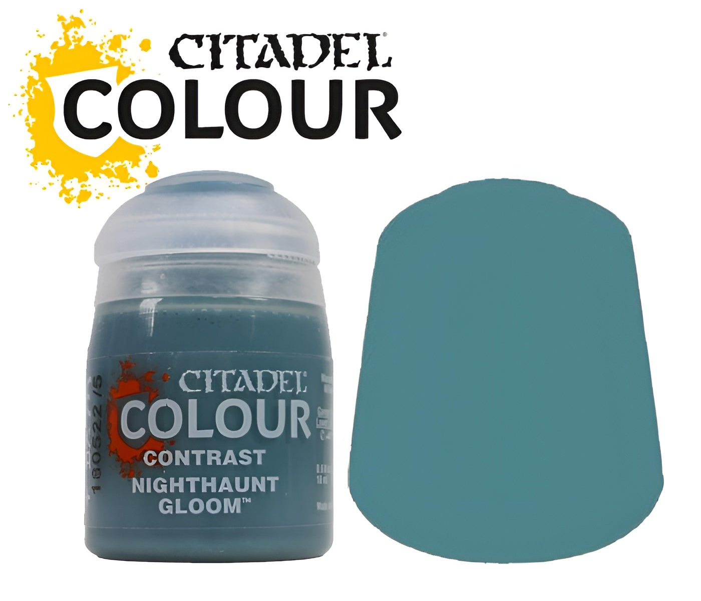Citadel Contrast Nighthaunt Gloom paint (18ml) in a teal shade, with a matching color swatch beside the bottle.