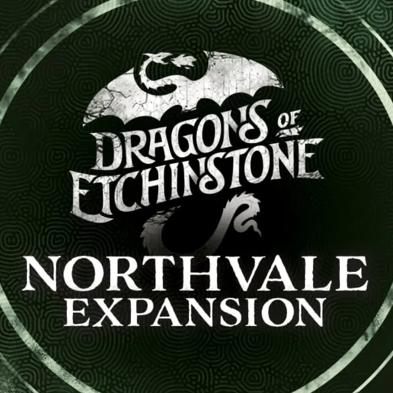 Dragons of Etchinstone Northvale Expansion preorder graphic featuring a dragon silhouette and bold text.