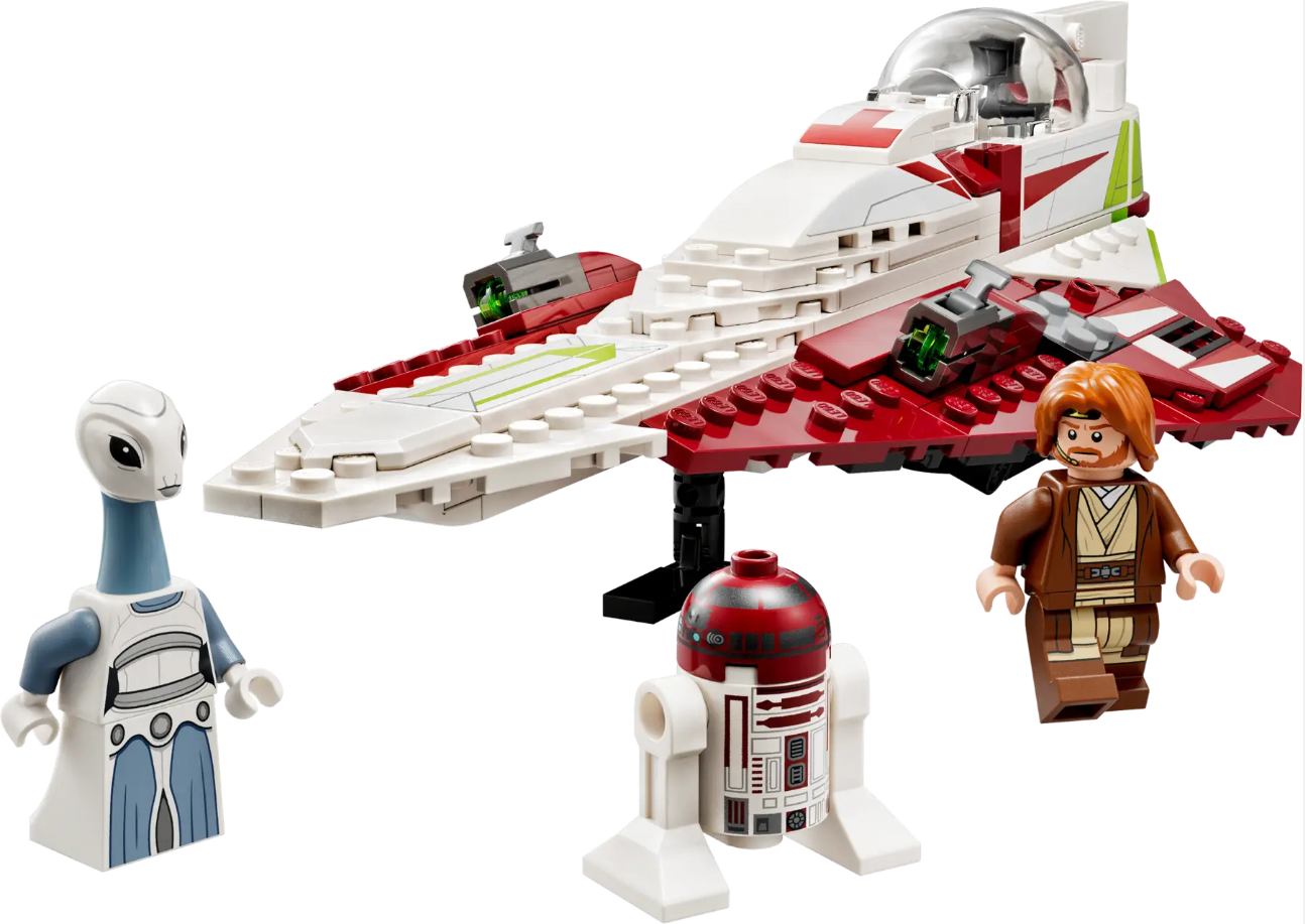 LEGO Star Wars set featuring Obi-Wan Kenobi's Jedi Starfighter, R2-D2, and an alien minifigure.