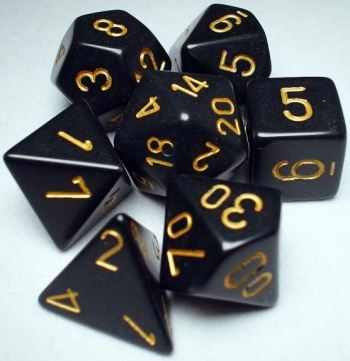 Chessex opaque black and gold 7-die set featuring various polyhedral dice for tabletop gaming.