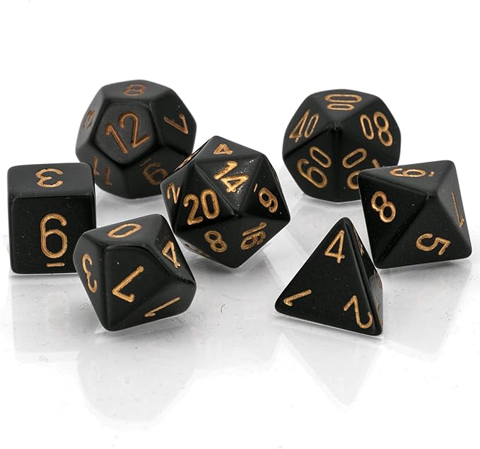 Opaque black dice with gold numbers in a 7-die set, ideal for tabletop gaming and role-playing games.