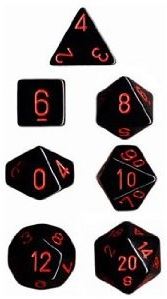 Chessex opaque black and red 7-die set featuring a d4, d6, d8, d10, d12, d20, and d00 with bold red numbering.