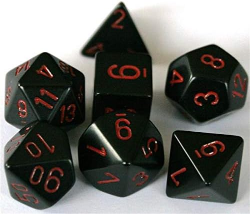 Chessex opaque black and red 7-die set featuring polyhedral dice with bold red numbering on a black background.
