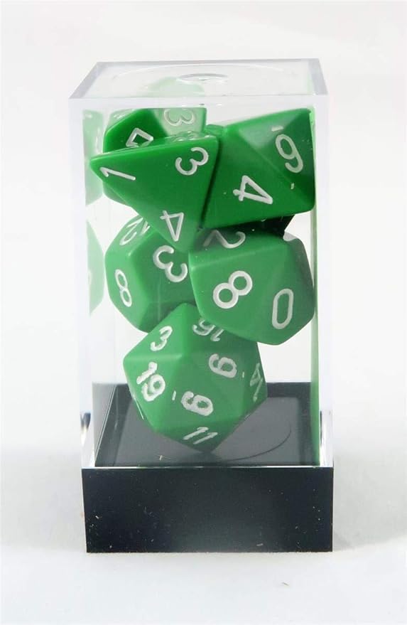 Chessex opaque green 7-die set displayed in a clear case, featuring white numbers on each die.