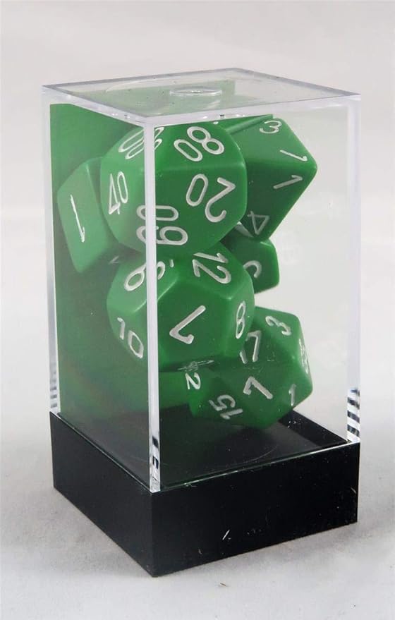 Chessex opaque green 7-die set displayed in a clear box, featuring white numbers on each die.