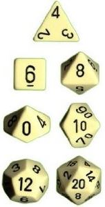 Chessex Opaque Ivory/Black 7-die set featuring various polyhedral dice with black numbers on an ivory background.