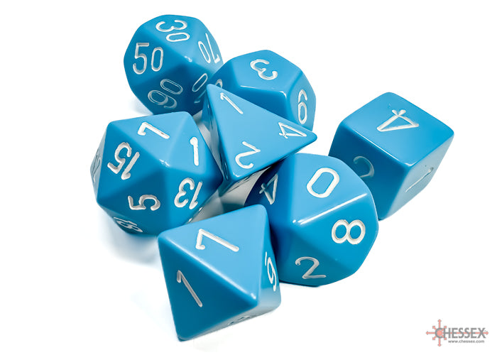Opaque light blue and white 7-die set featuring various polyhedral dice for tabletop gaming and role-playing games.