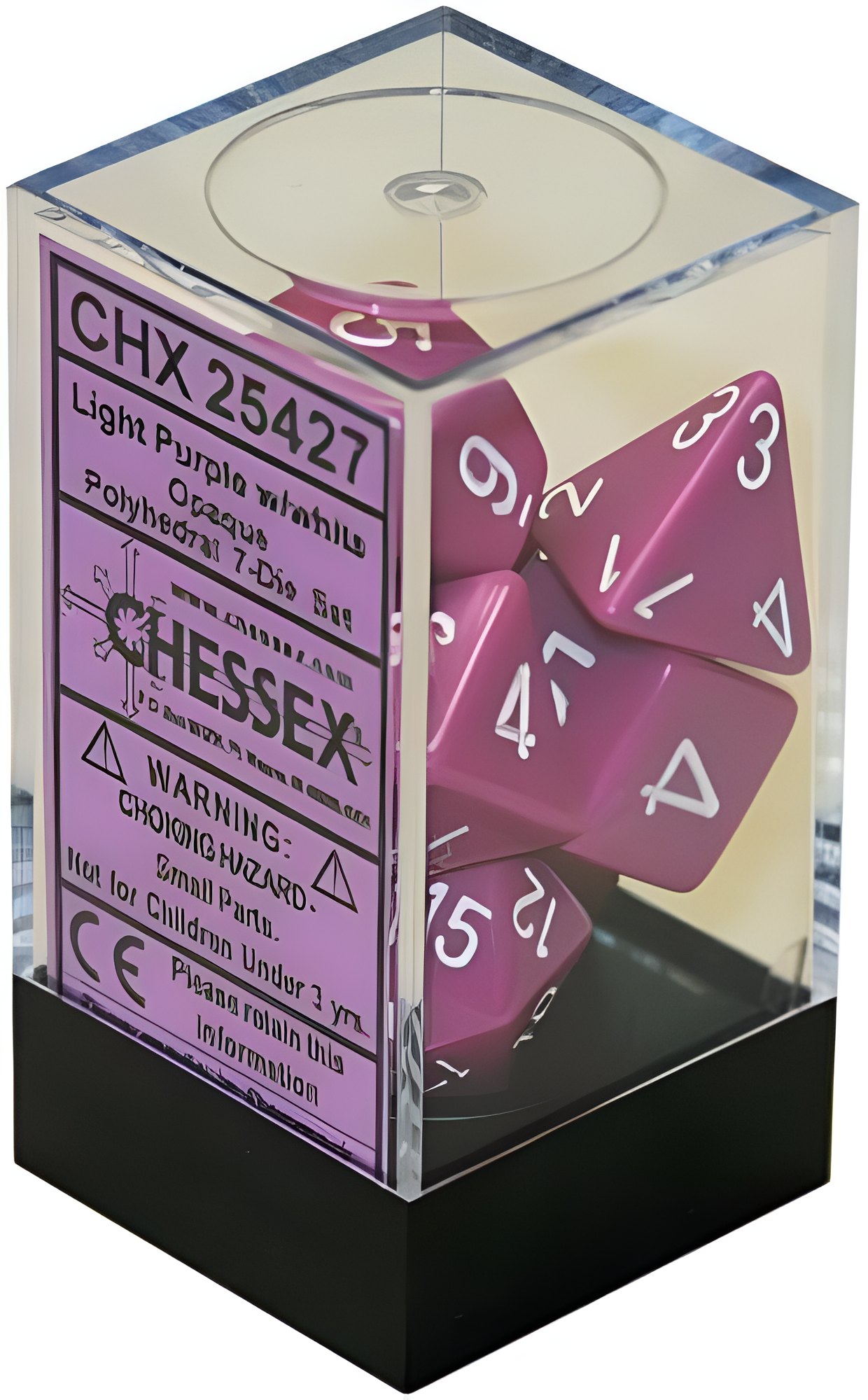 Chessex opaque light purple and white 7-die set displayed in a clear packaging with a pink label.