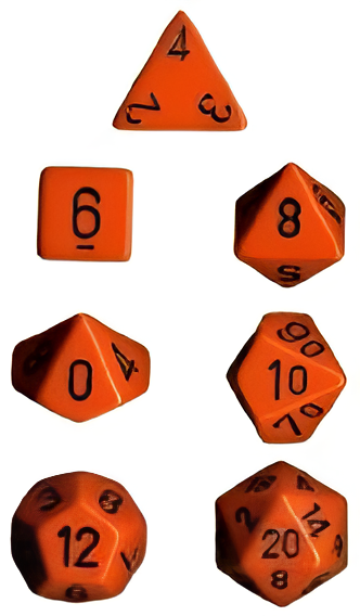 Chessex Opaque Orange and Black 7-Die Set featuring a d4, d6, d8, d10, d12, d20, and d100. Ideal for tabletop gaming.