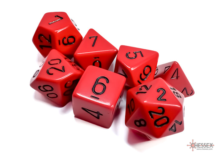 Chessex opaque red and black 7-die set featuring various polyhedral dice with bold black numbers.