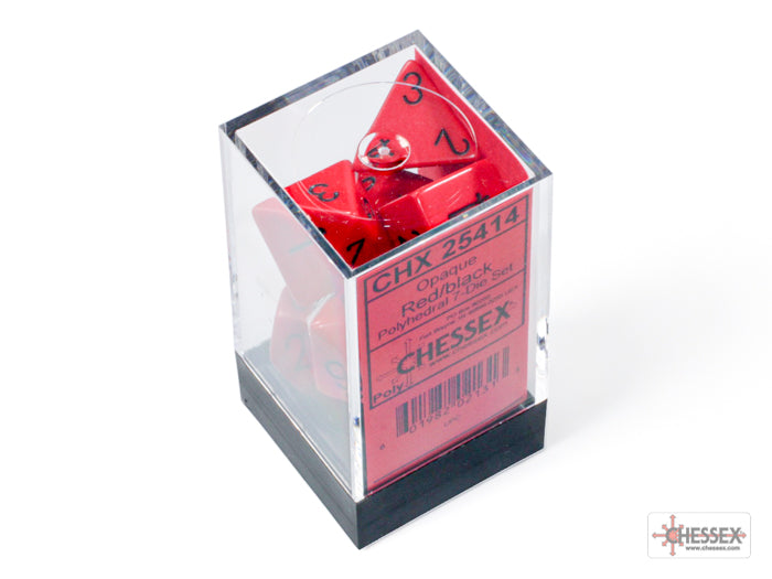 Chessex Opaque Red and Black 7-die set displayed in a clear box, featuring red dice with black numbers.