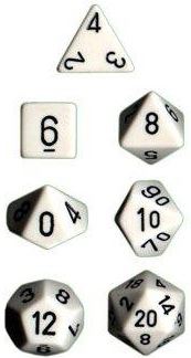Chessex opaque white 7-die set featuring various polyhedral dice with black numbers for tabletop gaming.