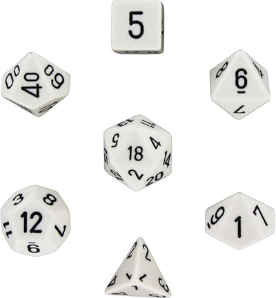 Opaque white seven-die set by Chessex featuring black numbers, ideal for tabletop gaming and role-playing games.