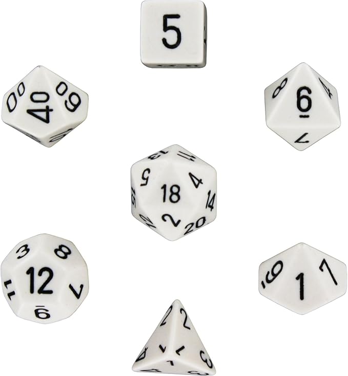 Opaque white seven-die set by Chessex featuring black numbers, ideal for tabletop gaming and role-playing games.